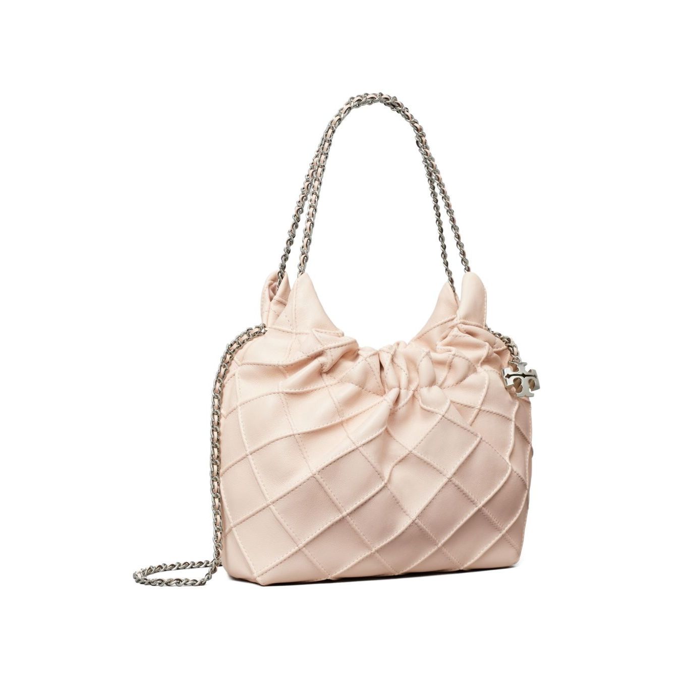 Tory Burch Fleming mini leather hobo bag in pale pink with quilted design, gathered top, and chain-link shoulder strap