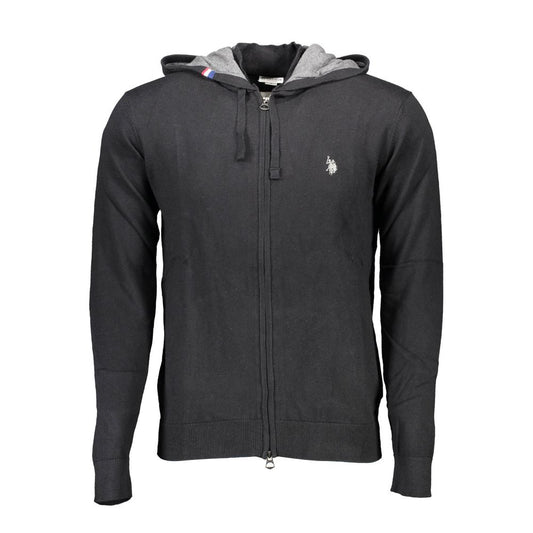 U.S. POLO ASSN. Black Cotton Mens Cardigan with hood and zip closure, featuring logo embroidery.