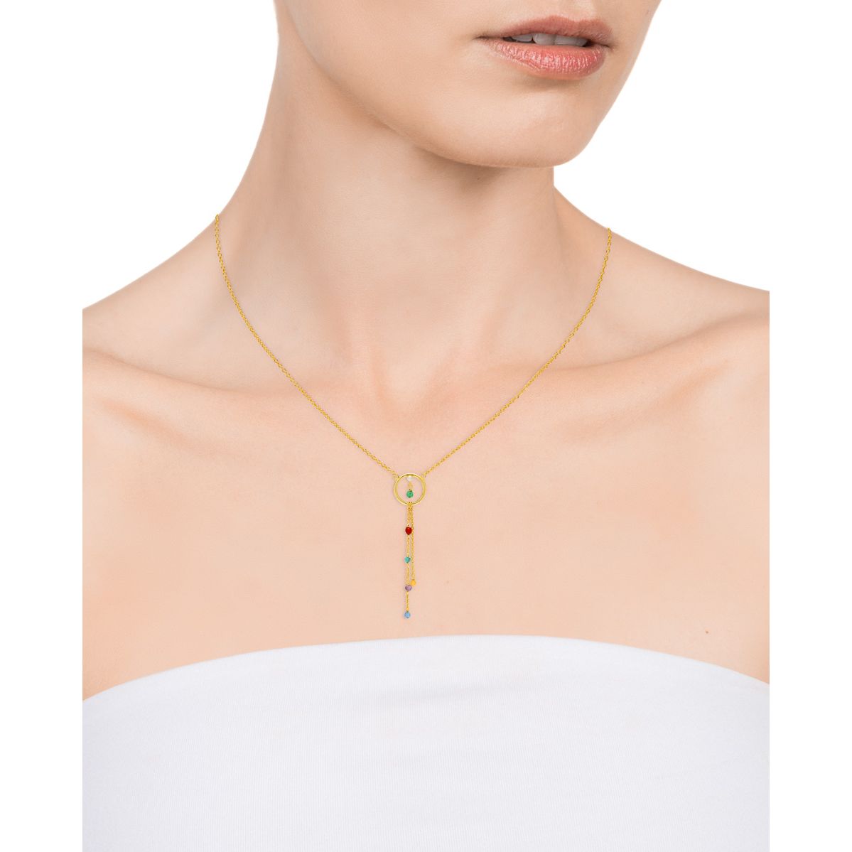 Model wearing VICEROY JEWELS Mod. 13007C100-59 necklace, gold chain with colorful stones, ideal for ladies, quartz movement, 32mm case.