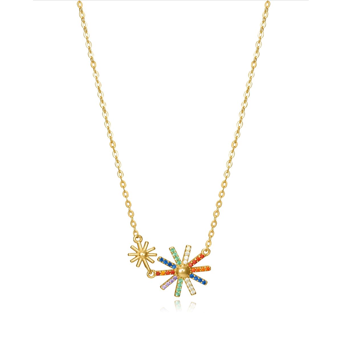Colorful starburst pendant necklace with vibrant stones on a gold chain.