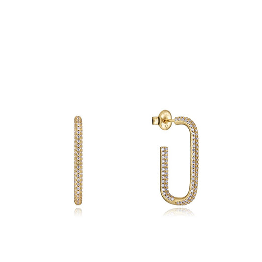 Elegant gold hoop earrings with sparkling gemstones, featuring a modern design and stud closure, suitable for formal and casual occasions.