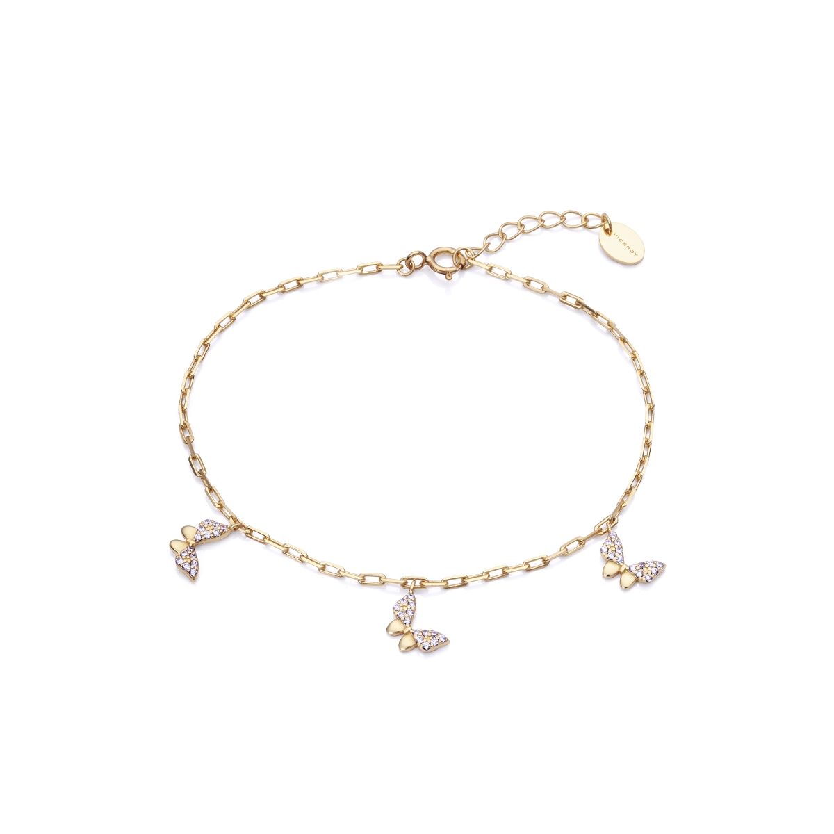 Delicate gold butterfly charm bracelet on a white background.