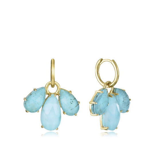 Gold hoop earrings with blue gemstone clusters