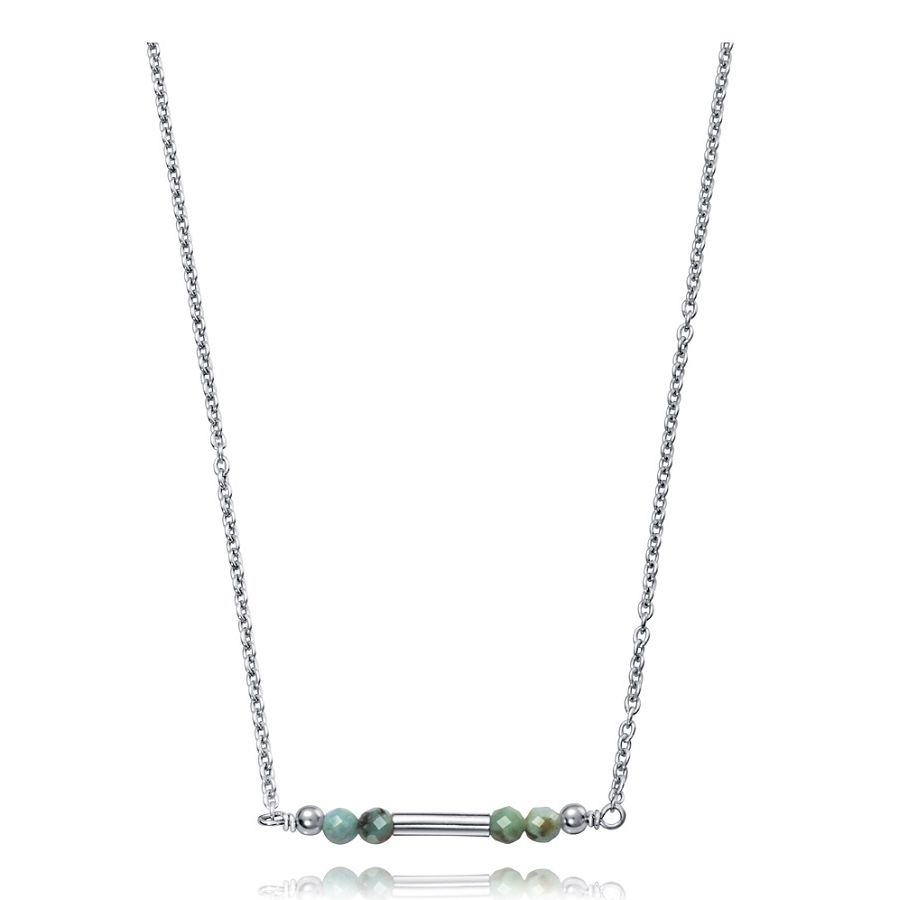 Silver necklace with delicate green beads on a minimalist chain, featuring a modern design perfect for elegant and casual wear.