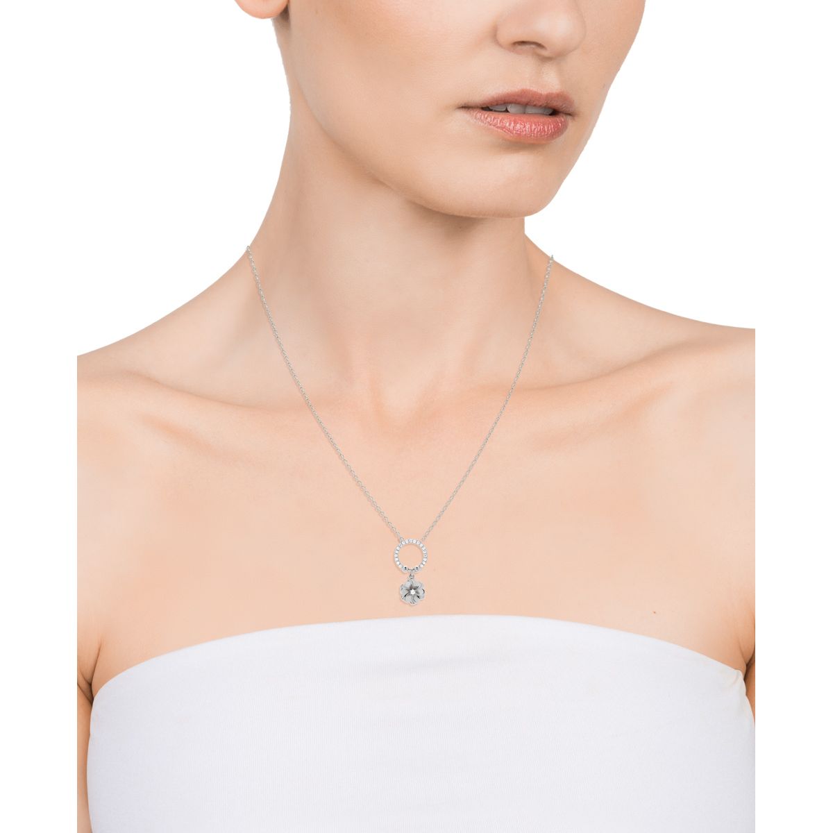 VICEROY JEWELS Mod. 85021C000-38 necklace for ladies, featuring a 925 silver pendant, showcased on a model against a white background.