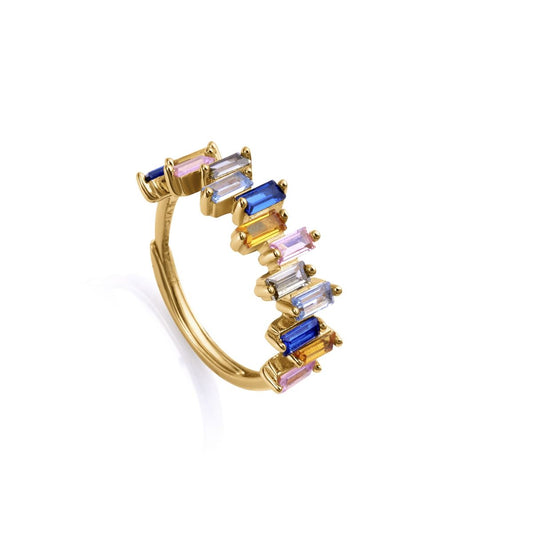 Elegant gold ring with multi-colored gemstones displayed against a white background.
