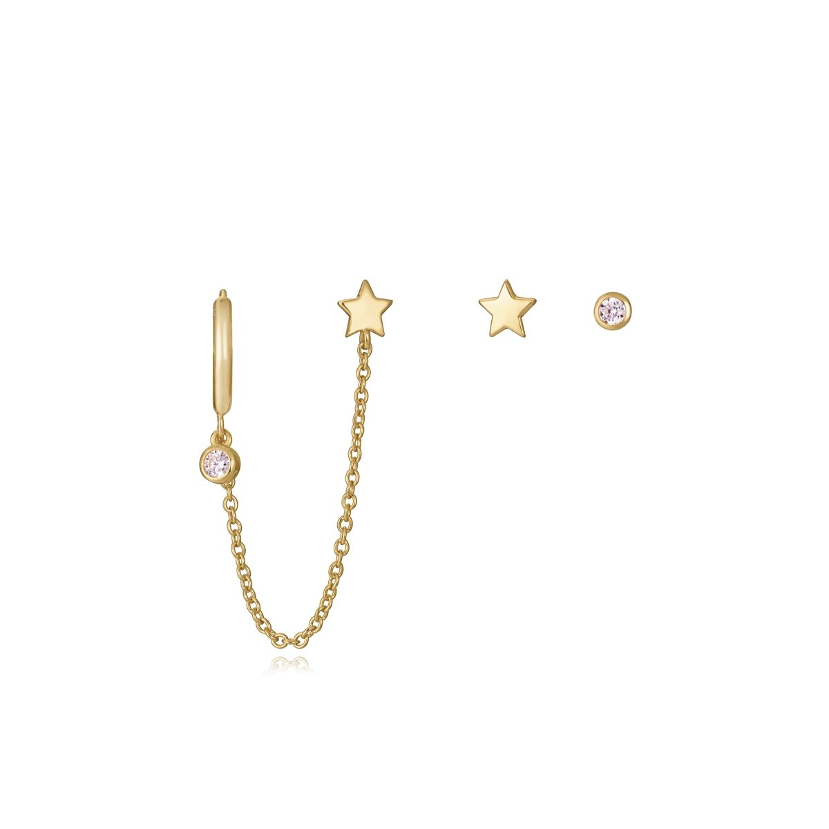 Gold star and chain earrings with diamond accents, elegant and stylish jewelry piece, front view on white background.