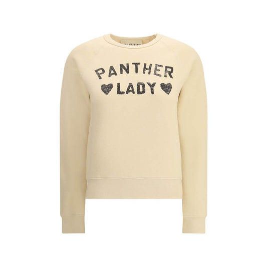 Valentino Beige Cotton Sweatshirt with Panther Lady graphic, ribbed crew neck, cuffs, and hem, offering a casual and sophisticated style.