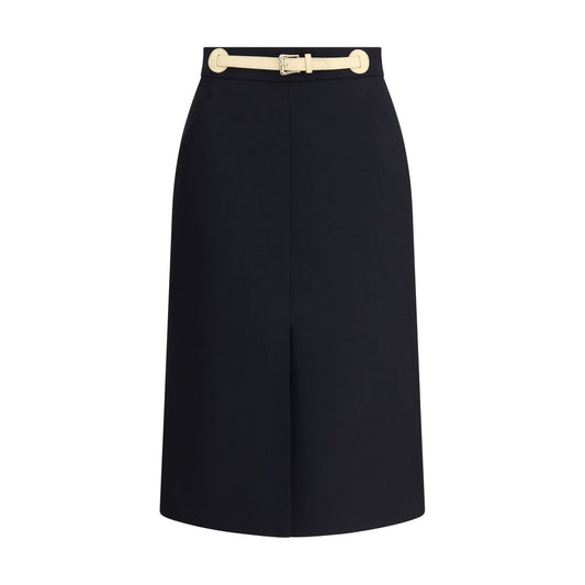 Valentino Black Fleece Wool Midi Skirt with leather belt, elegant back zipper, and front slit for a sophisticated style.
