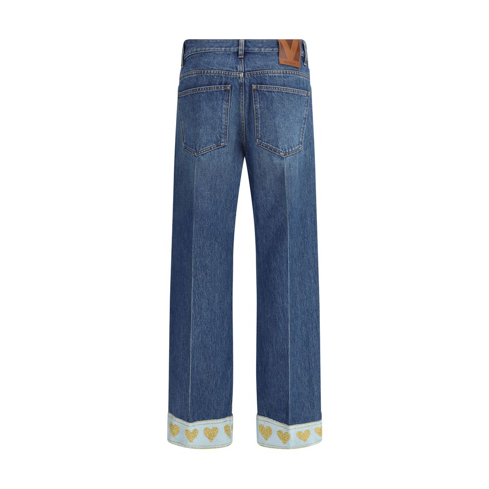 Valentino Blue Cotton Straight-Leg Jeans with La Cour de Coeur fabric edges, back view showcasing five-pocket design.