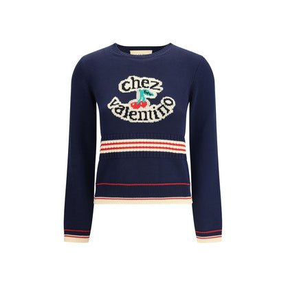 Valentino Blue Cotton Sweatshirt with Cherryfic embroidery on chest, ribbed cuffs and hem, regular fit for AW25 collection.