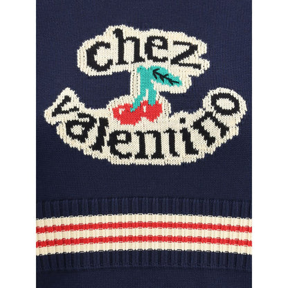 Valentino Blue Cotton Sweatshirt with Chez Valentino cherry embroidery and ribbed detailing, AW25, 100% cotton, regular fit.