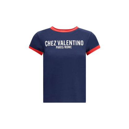 Valentino Blue Cotton T-Shirt with logo and red trim, slim fit, 100% cotton, made in Italy, contemporary design for casual wear.