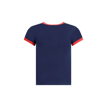 Back view of Valentino Blue Cotton T-Shirt with contrasting red crew neck and slim fit.