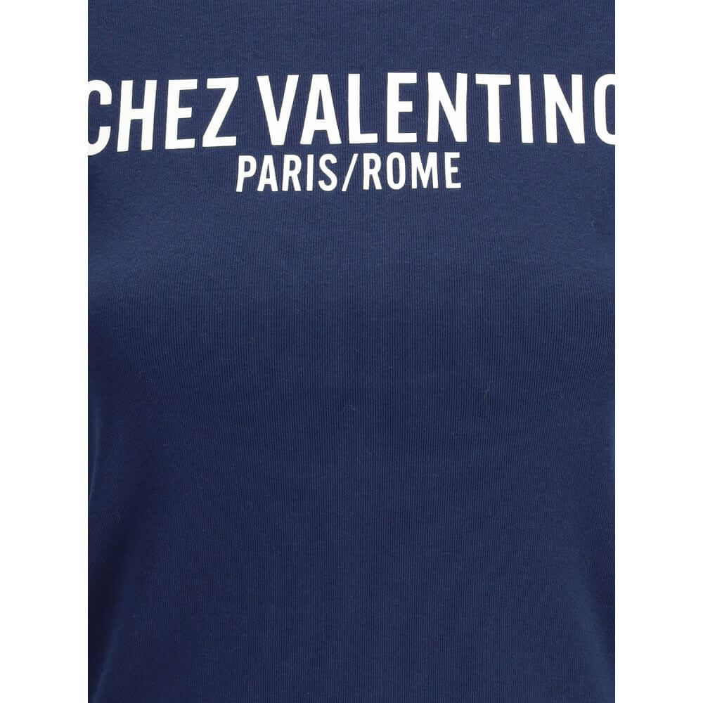 Valentino Blue Cotton T-Shirt with Chez Valentino logo and contrasting crew neck, perfect for casual wear, slim fit, made in Italy.