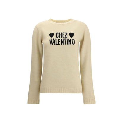 Valentino Cream Fleece Wool Sweatshirt with embroidered hearts, stylish wool sweater for elegant autumn winter fashion.