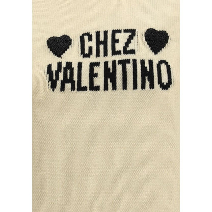 Valentino Cream Fleece Wool Sweatshirt with embroidered hearts detail, featuring Chez Valentino text on soft wool fabric.