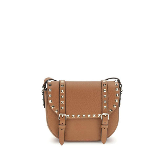 Valentino Garavani Beige Calf Leather Bos Taurus Shoulder Bag with iconic Rockstuds and adjustable strap.