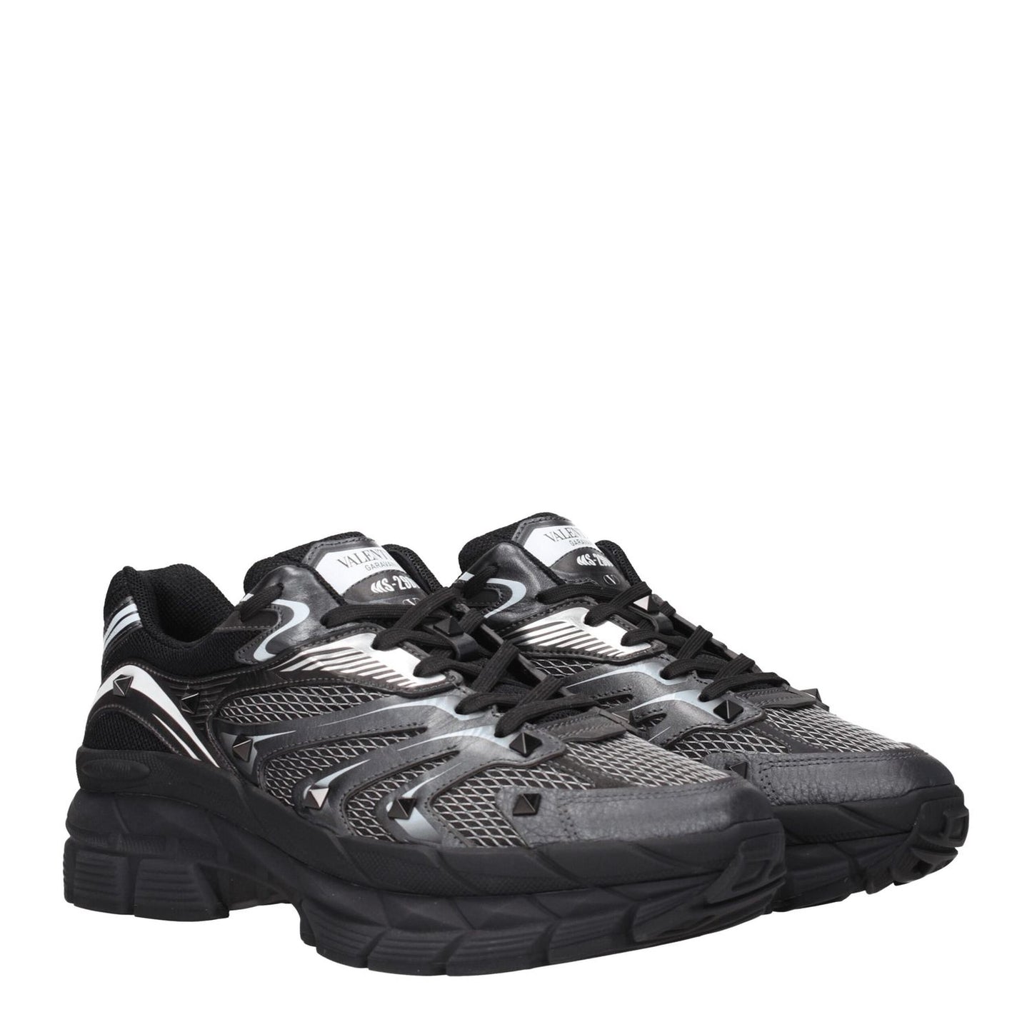 Valentino Garavani Black Fabric Athletic Sneakers with studs and logos, round toe, lace-up closure, and 5 cm mid heels.