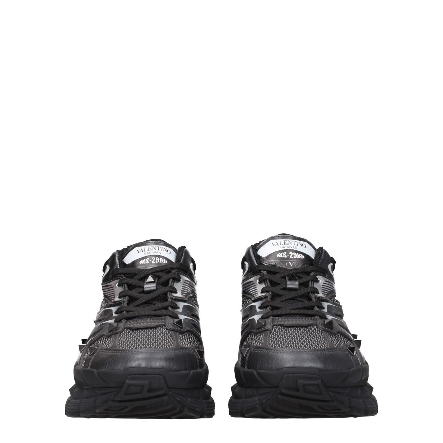 Valentino Garavani Black Fabric Athletic Sneakers with studs, front and back logos, round toe, lace-up closure, and mid heels.