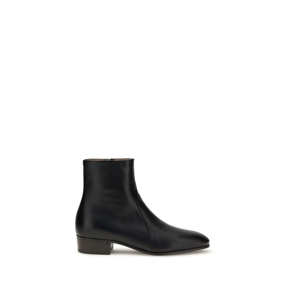 Valentino Garavani Black Goatskin Ankle Boots with brass VLogo detail and leather sole.