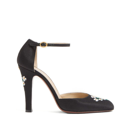 Valentino Garavani Hi Dolly Pumps In Fabric With Floral Embroidery 105mm featuring black ankle strap and floral details.