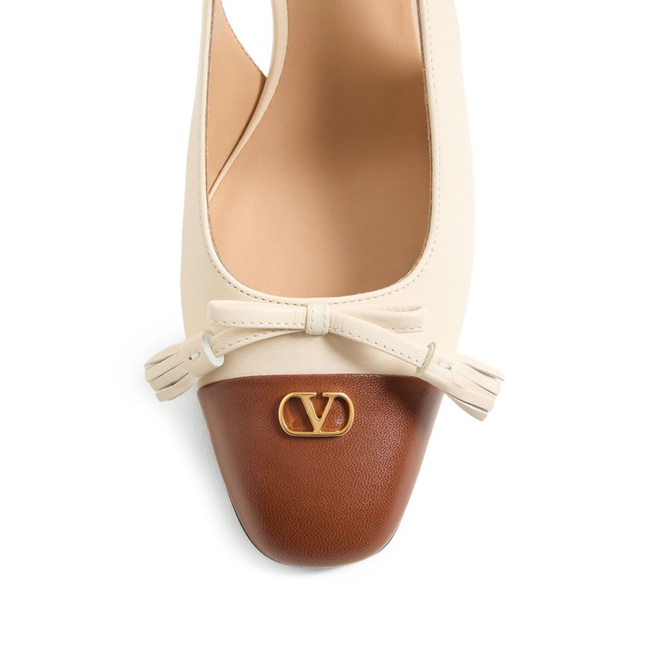 Valentino Garavani Valet Du Roi Goatskin Slingback Pump 60mm with beige and brown design, buckle-fastening strap, and round toe detail.