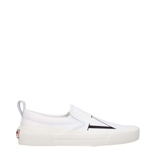 Valentino Garavani White Fabric Slip-On Loafers with front logo and round toe, casual style with rubber sole.