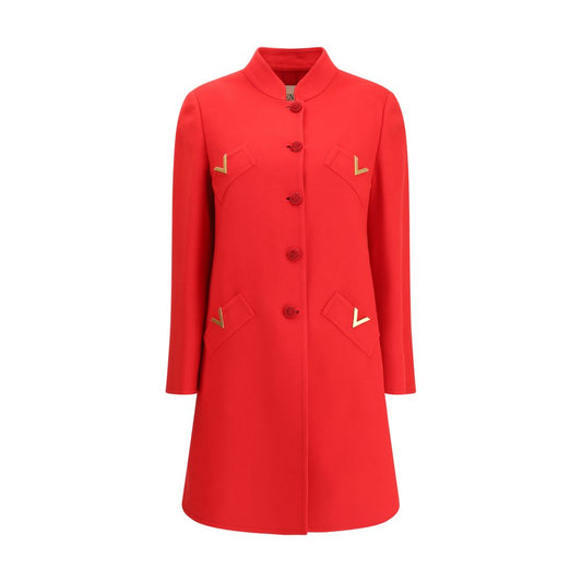 Valentino Red Fleece Wool Coat with soutache buttons and VLogo pockets.