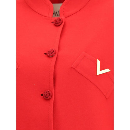 Close-up of Valentino Red Fleece Wool Coat showcasing soutache buttons and VLogo detailing.
