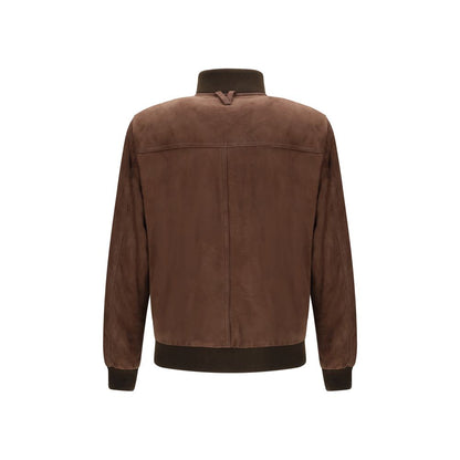 Back view of Valstar Brown Calf Leather Bos Taurus Bomber with ribbed cuffs and hem, high collar, suede finish, autumn-winter style.