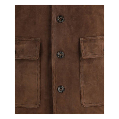 Close-up of Valstar Brown Calf Leather Bos Taurus Bomber featuring button closure and front flap pockets in suede leather.