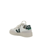 Veja V-90 Sneakers with organic leather, featuring round toe, V logo patch, contrasting heel, and lace-up closure for a modern look.