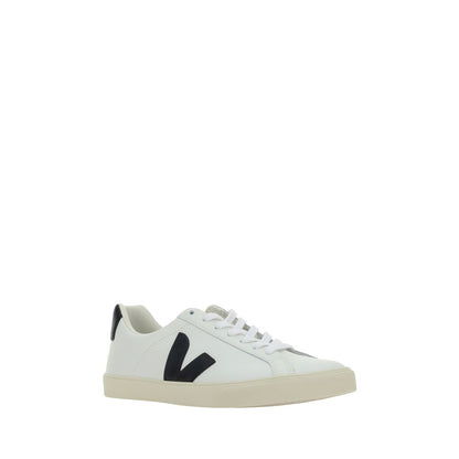 Veja White Rubber Sneakers with black logo, round toe, lace-up, and contrasting heel patch.