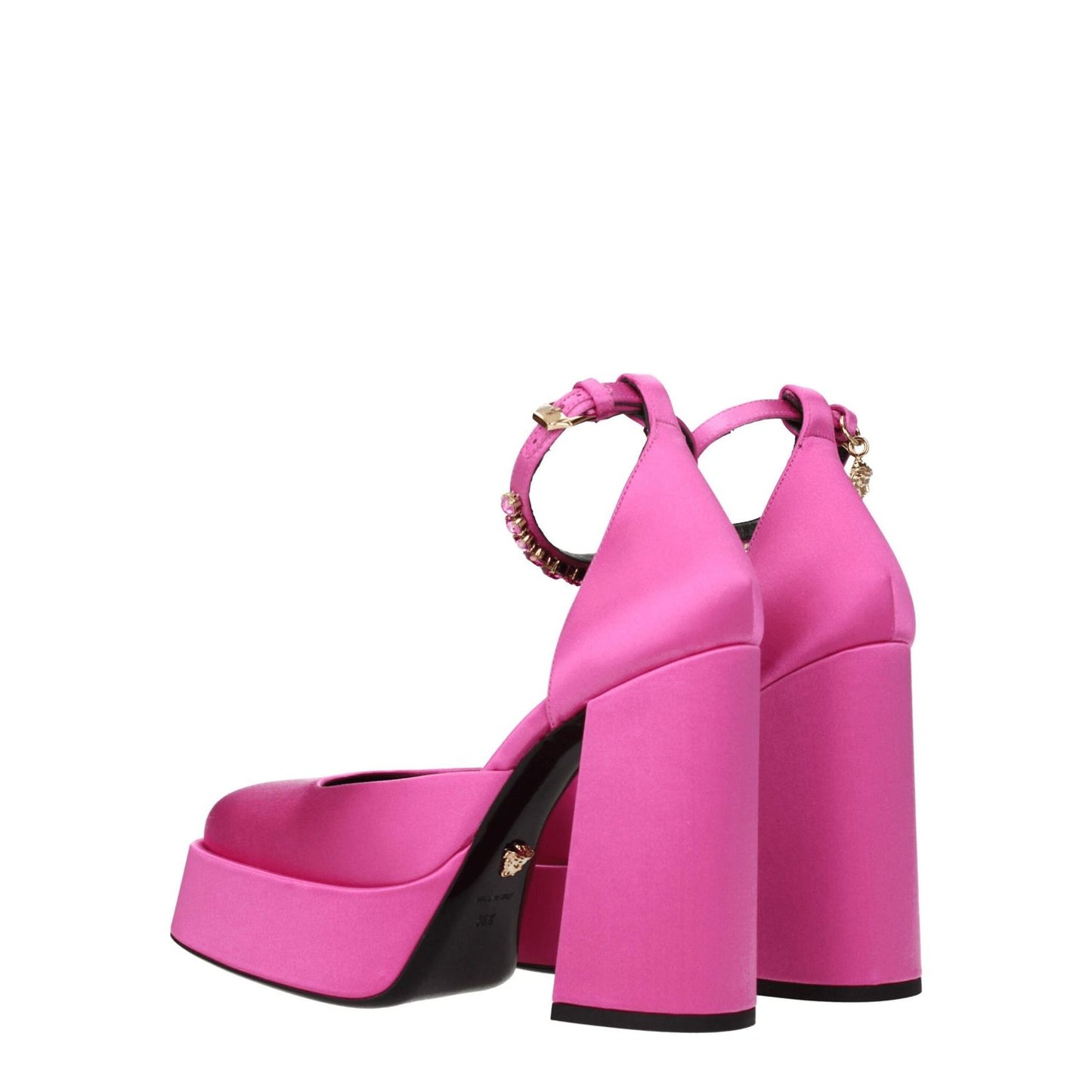 Versace Pink Satin Platform Pumps with high heels, buckle closure, and rhinestone details, featuring leather soles and round toe design.