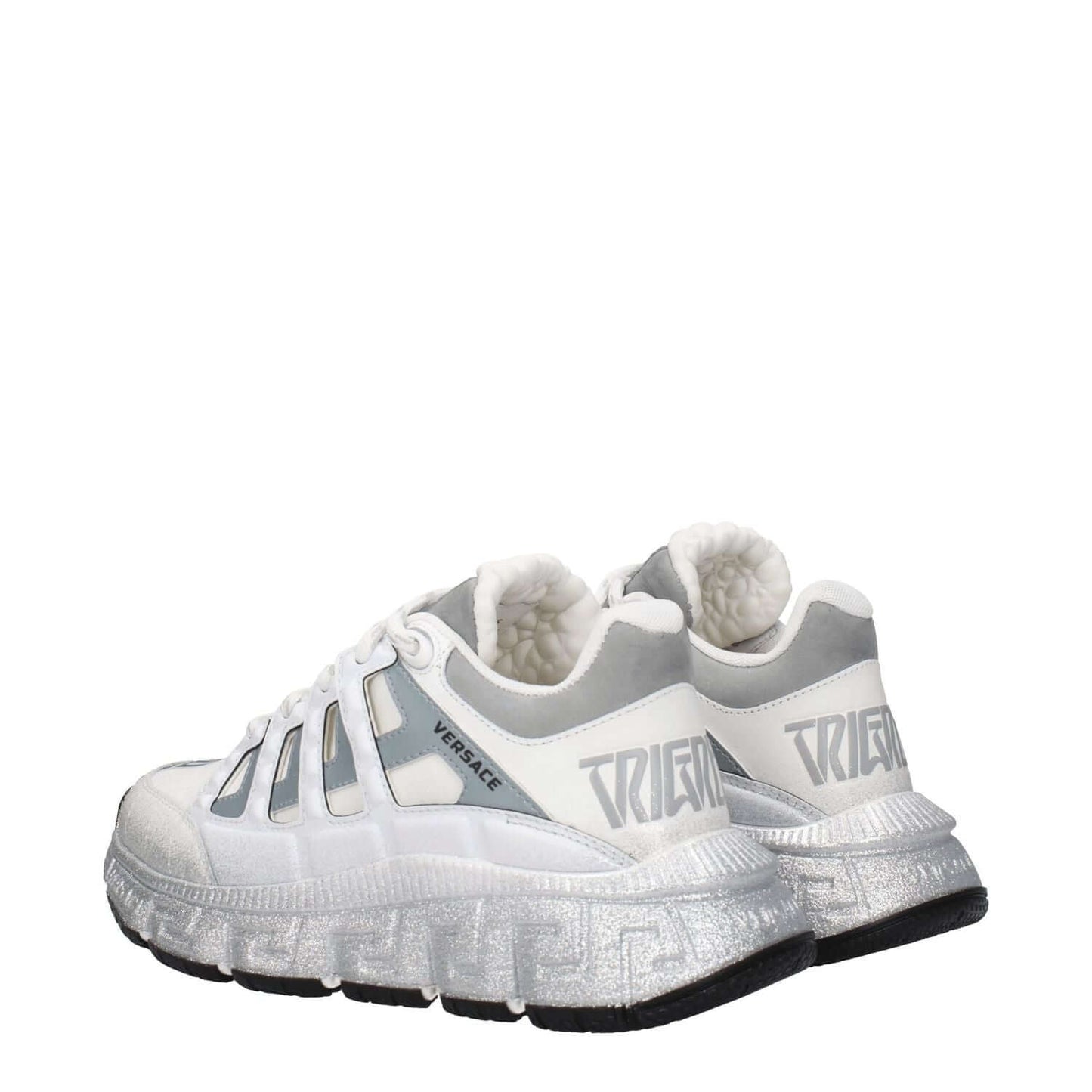 Versace White Fabric Athletic Sneakers with logos, lace-up closure, round toe, silver accents, rubber sole, and 5cm mid heels