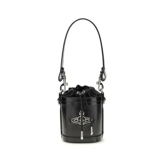 Vivienne Westwood Black Calf Leather Bos Taurus Backet Bag with iconic Orb detail, featuring a removable chain strap and drawstring closure.