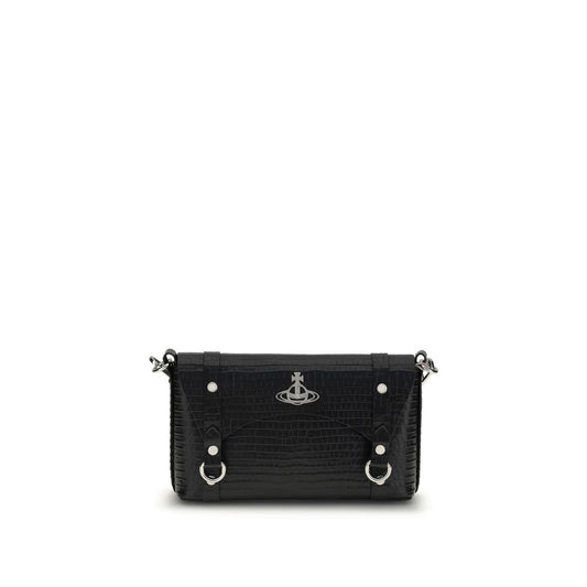 Vivienne Westwood Black Calf Leather Bos Taurus Shoulder Bag with metallic details and removable strap.