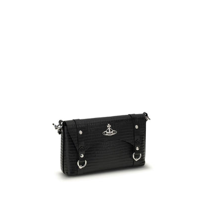 Vivienne Westwood Black Calf Leather Bos Taurus Shoulder Bag with metallic details and removable strap, AW25 collection.