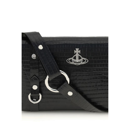 Vivienne Westwood Black Calf Leather Bos Taurus Shoulder Bag with metallic details and removable strap, AW25 collection.