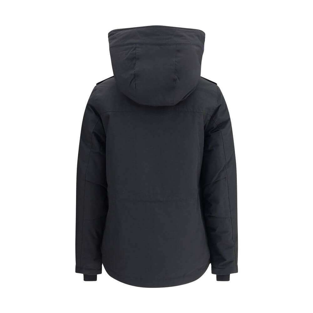 Woolrich Black Cotton Shell Jacket with hood, featuring front zipper and snap closure, ideal for colder weather.