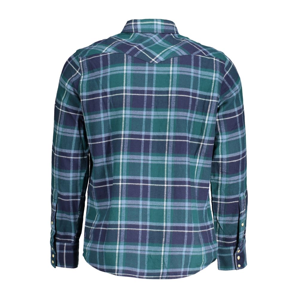 Back view of Wrangler Green Cotton Shirt with plaid pattern, long sleeves, and Italian collar.