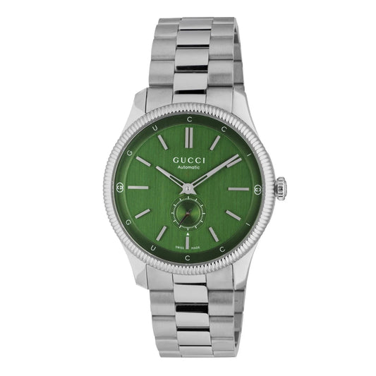 GUCCI Mod. G-TIMELESS watch with green dial and silver band.