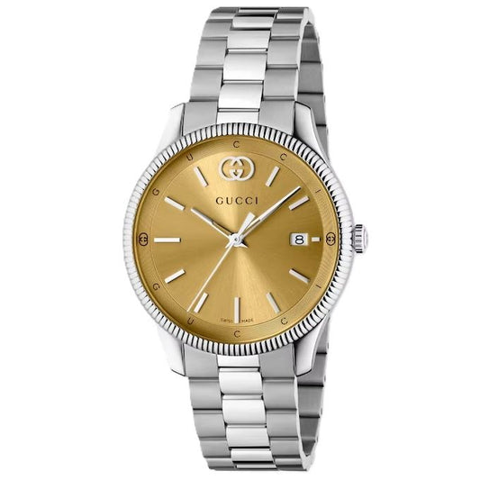 GUCCI MOD. G-TIMELESS watch with gold dial and silver stainless steel bracelet, showcasing elegant luxury design.