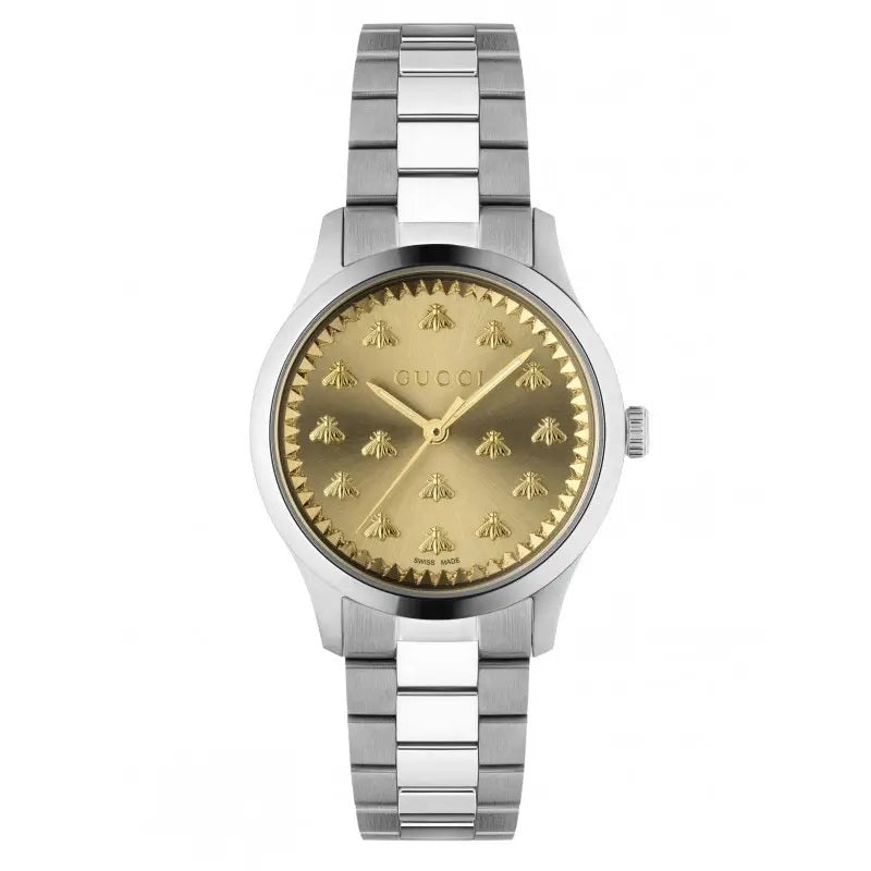 GUCCI MOD. G-TIMELESS MULTIBEE watch with gold dial and silver strap.