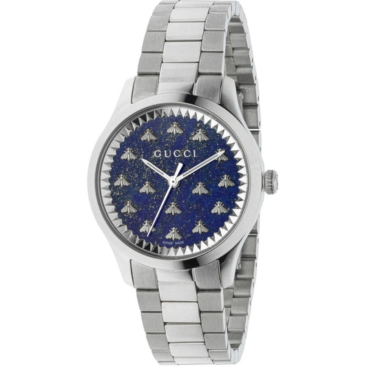 GUCCI MOD. G-TIMELESS MULTIBEE luxury watch with silver bracelet and bee motif on a blue dial.
