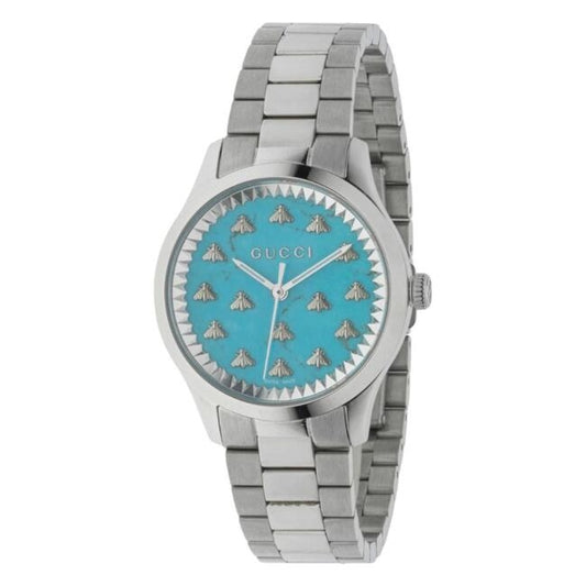 GUCCI MOD. G-TIMELESS MULTIBEE watch with silver bracelet and turquoise bee-themed dial design.