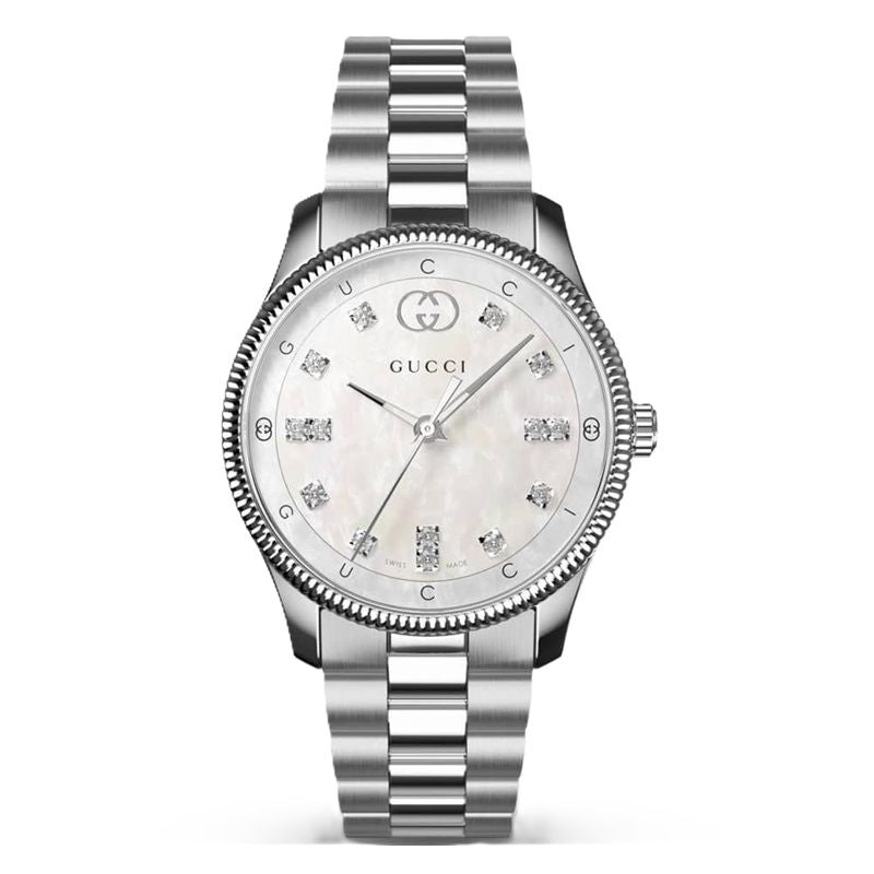 Luxury watch GUCCI MOD. G-TIMELESS SLIM with stainless steel bracelet and diamond-like indicators, elegant jewelry accessory.