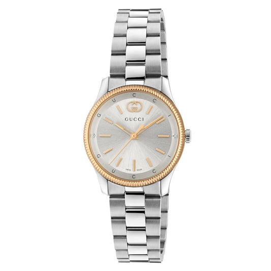 GUCCI MOD. G-TIMELESS SLIM luxury watch with silver and gold tones on stainless steel bracelet.