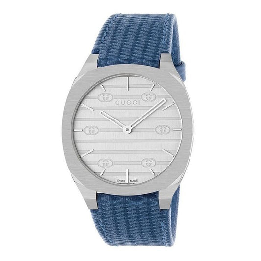 GUCCI Mod. 25H COLLECTION luxury watch with blue strap and sleek silver dial design